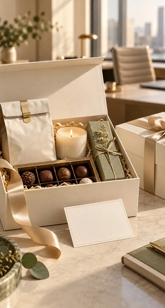 Caja corporativa marfil con vela, chocolates y tarjeta sobre escritorio