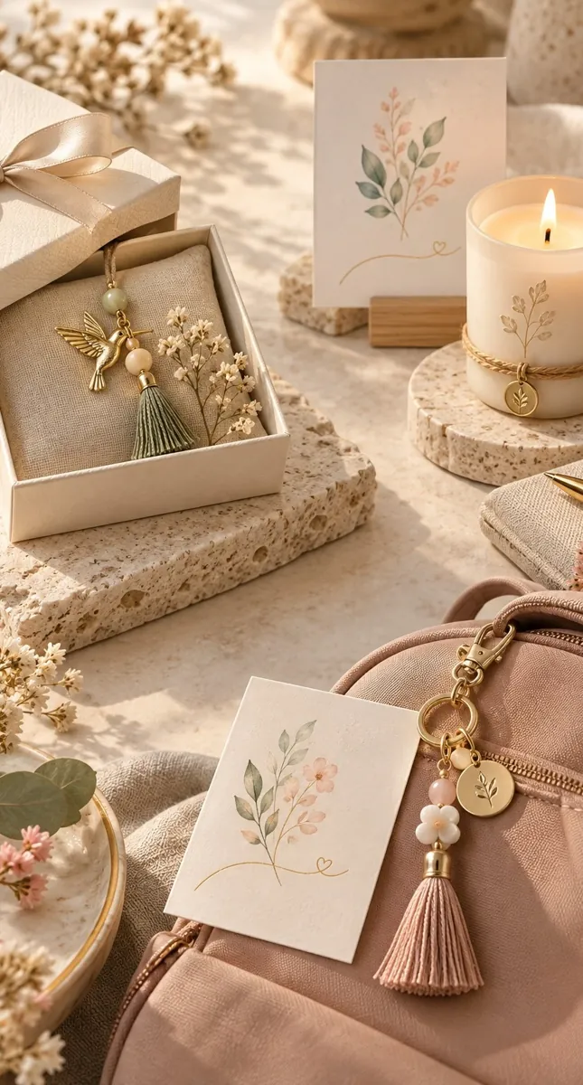 Detalles de Almas de Gracia: llavero con colibrí dorado, tarjetas ilustradas y vela