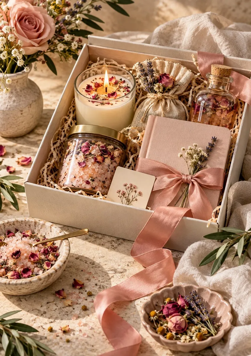 Caja de gratitud abierta con vela, flores secas, cinta rosa y tarjeta